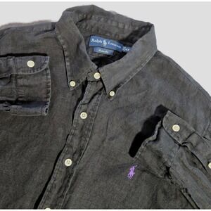 Ralph Lauren Custom Fit Linen Shirt Mens XXL Black Long Sleeve Purple Pony Logo